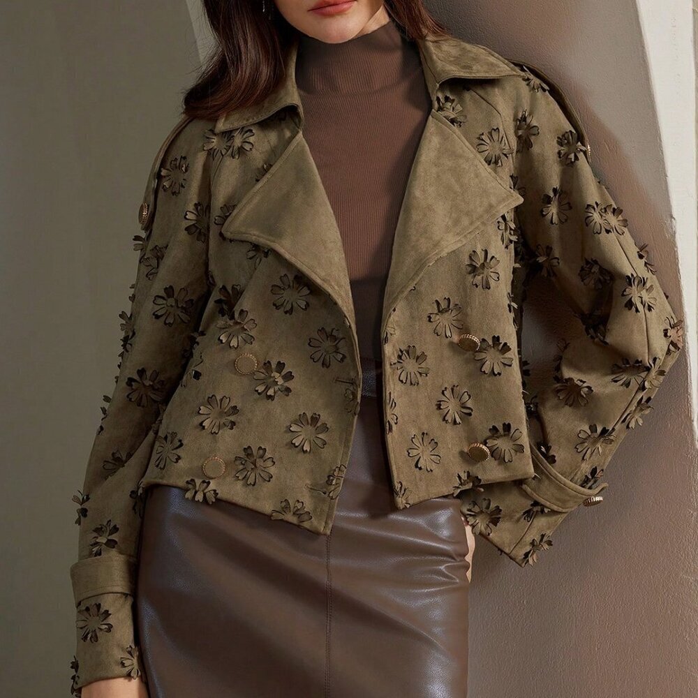 Khaki Casual Women's Collar 3d Laser Floral Embossed Jacket Coat - Picture 7 of 8